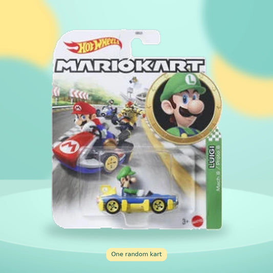 Hot Wheels Mario Kart Assorted Vehicles & Characters - Mystery Pick on a playful mint studio display — One random kart