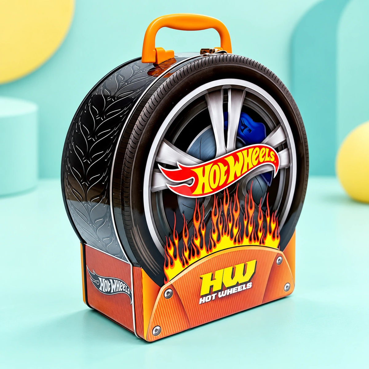Hot Wheels Metallic Shaped Car Case With Handle shown in full on a pale teal studio background