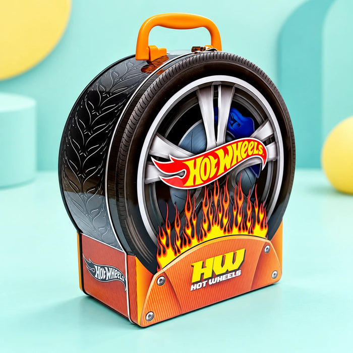 Hot Wheels Metallic Shaped Car Case With Handle shown in full on a pale teal studio background