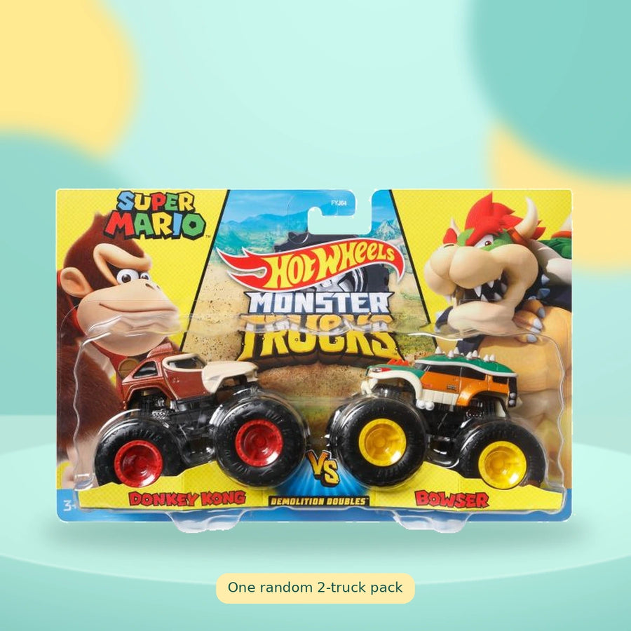 Hot Wheels Monster Trucks 1:64 Scale 2 Pack - Mystery Pick on a playful mint studio display — One random 2-truck pack
