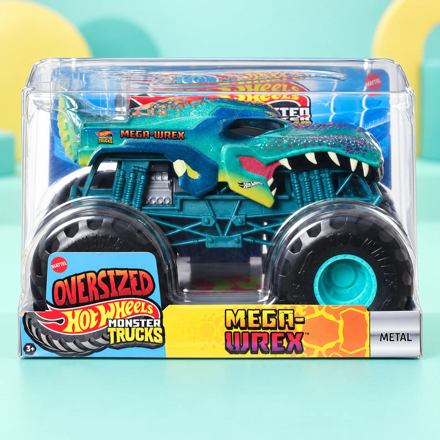 Hot Wheels Monster Trucks Oversized Mega Wrex Vehicle shown in full on a pale teal studio background