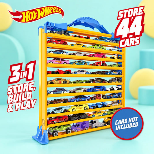 Hot Wheels Rack N Track Car Case shown in full on a pale teal studio background