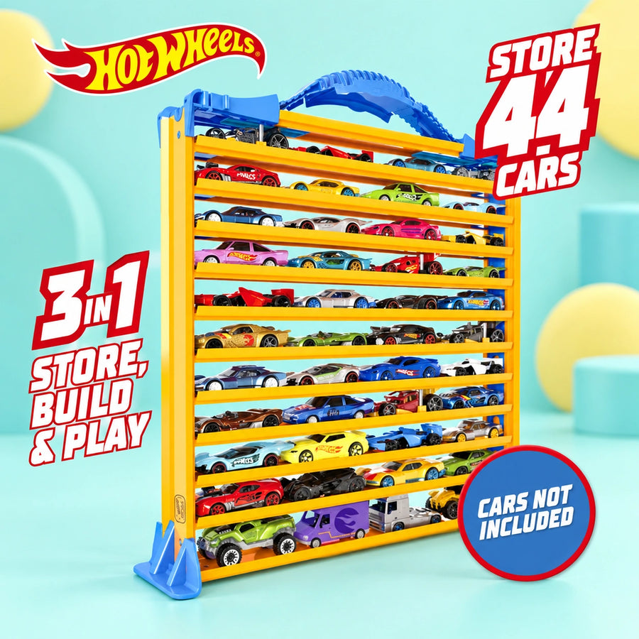 Hot Wheels Rack N Track Car Case shown in full on a pale teal studio background