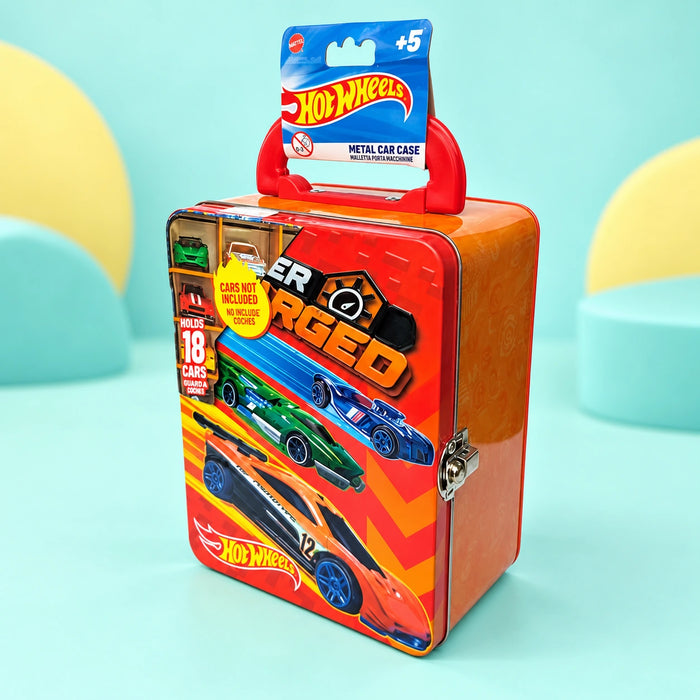 Hot Wheels Tin Car Storage Case - Red shown in full on a pale teal studio background