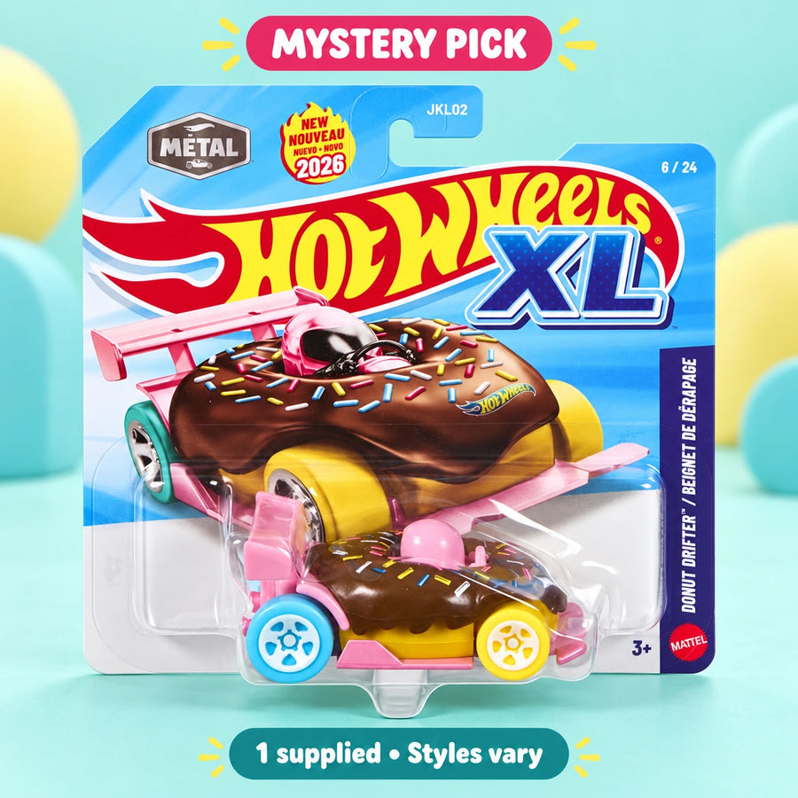 Hot Wheels XL 1:43 Scale - Mystery Pick shown in full on a pale teal studio background