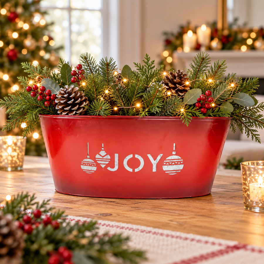 Red Joy metal trough styled as a festive centrepiece
