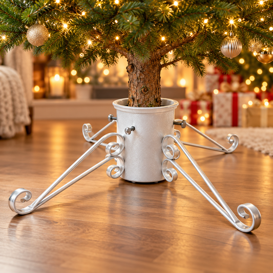Large white sparkle traditional 6-inch Christmas tree stand supporting a real tree
