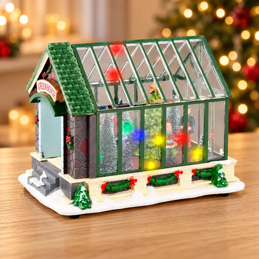 LED Christmas Greenhouse Scenery Plastic Indoor Decoration L.14.5cm W.22.5cm H.17cm – full product in a festive home setting