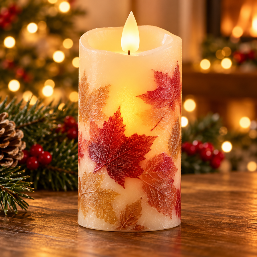 LED leaf wax candle with warm white light in a festive Christmas setting