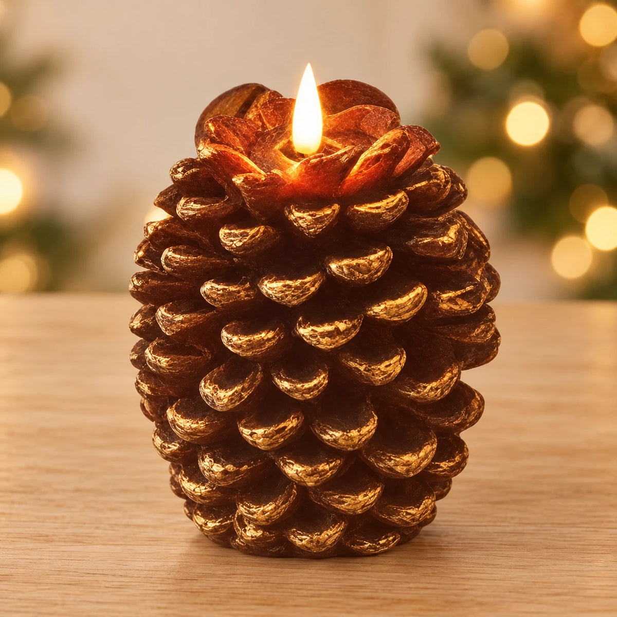 LED Pinecone Candle 12.5cm – Gold – single LED candle in a festive home setting