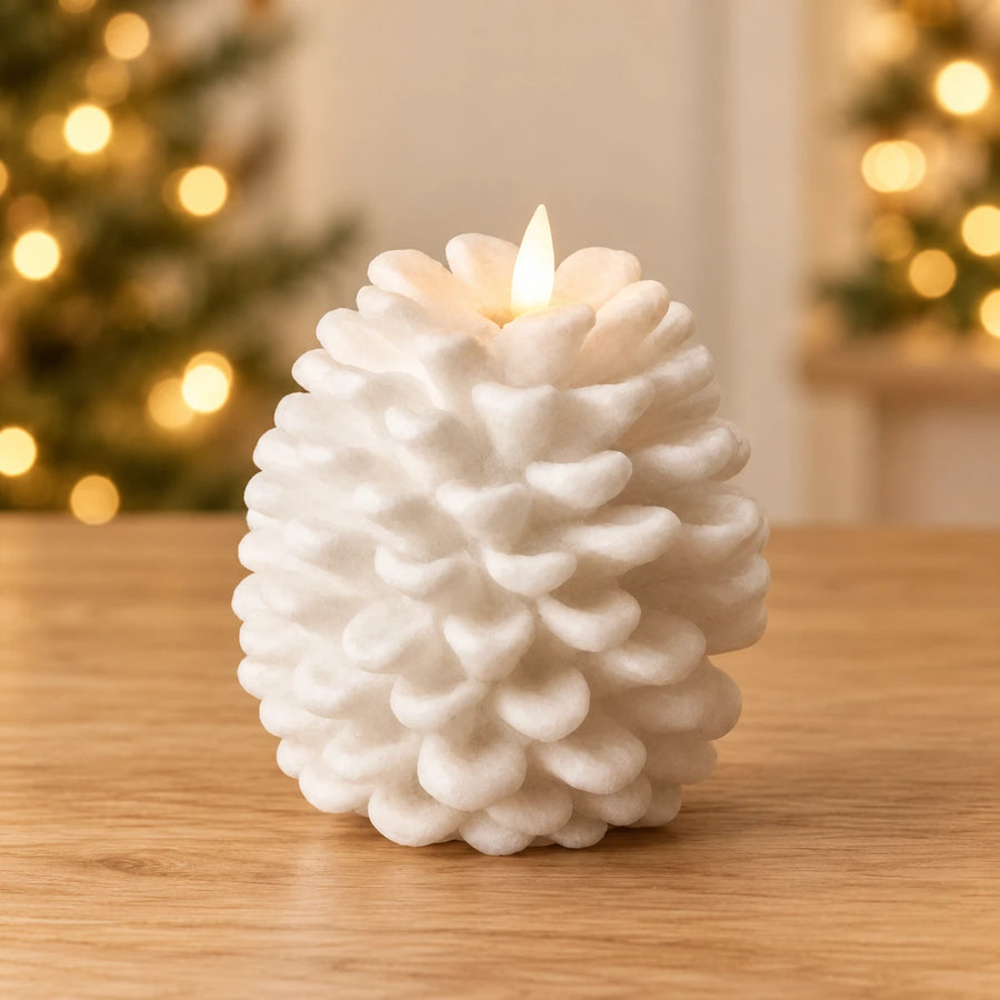 LED Pinecone Candle 12.5cm – White – single LED candle in a festive home setting
