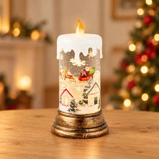LED Water Spinner Snow Globe Plastic Festive Scene Candle Indoor Christmas Decoration  D.10.8cm H.21.6cm – full product in a festive home setting
