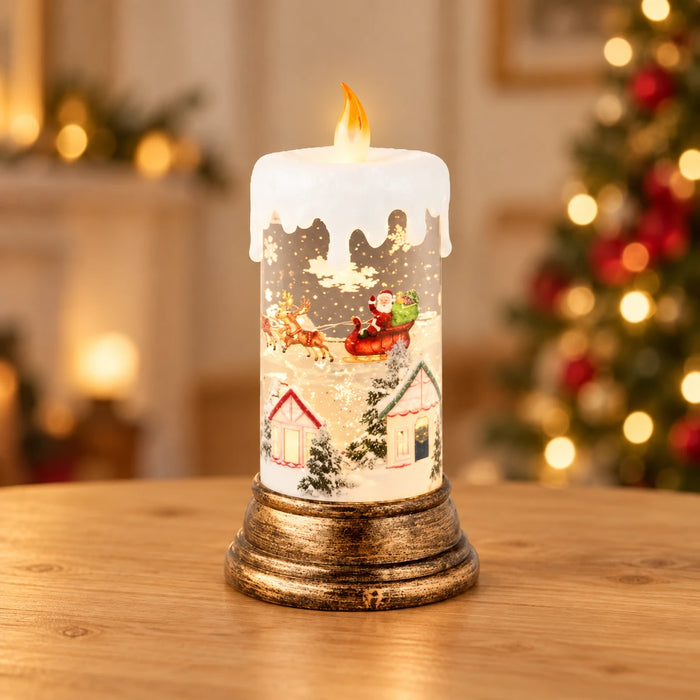 LED Water Spinner Snow Globe Plastic Festive Scene Candle Indoor Christmas Decoration  D.10.8cm H.21.6cm – full product in a festive home setting