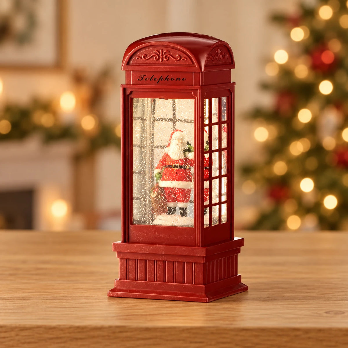 LED Water Spinner Snow Globe Plastic Telephone Booth Indoor Christmas Decoration L.11cm W.11cm H.25cm – full product in a festive home setting