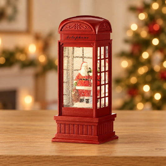 LED Water Spinner Snow Globe Plastic Telephone Booth Indoor Christmas Decoration L.11cm W.11cm H.25cm – full product in a festive home setting