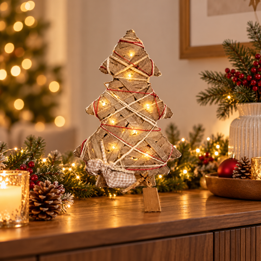 LED willow Christmas tree decoration glowing on a festive sideboard
