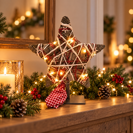 LED willow Christmas star ornament glowing on a festive mantel