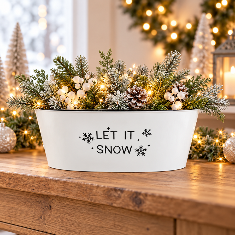 White Let It Snow trough styled as a festive centrepiece