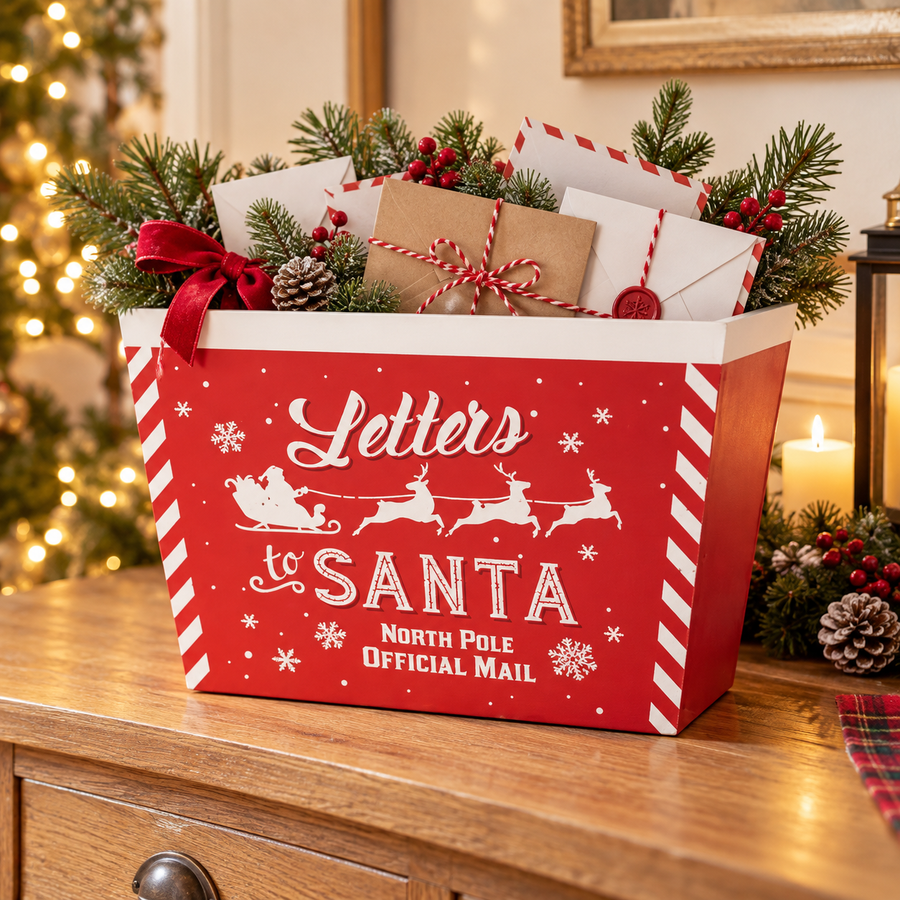 Red Letters to Santa planter styled in a festive home