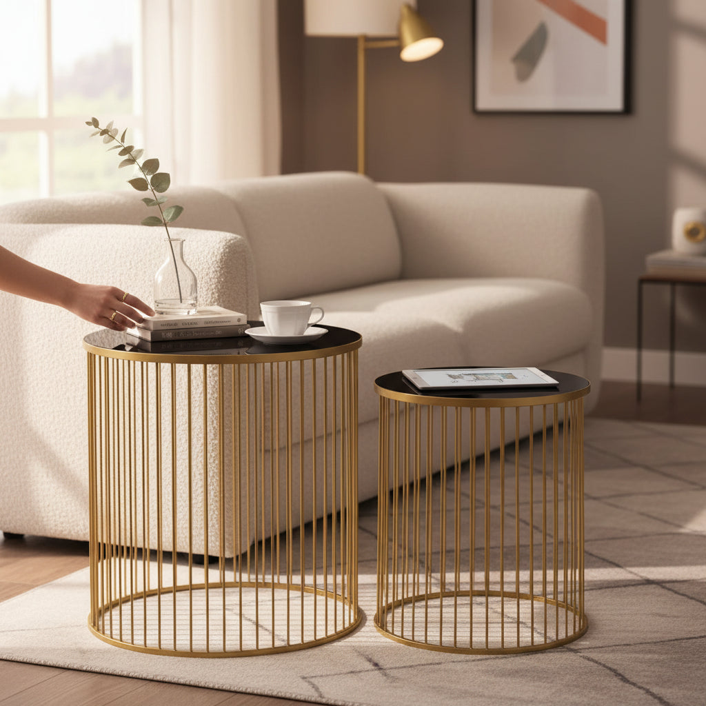 Avento Set Of Two Black And Gold Side Tables D40cm x H45cm