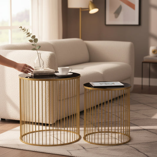 Avento Set Of Two Black And Gold Side Tables D40cm x H45cm