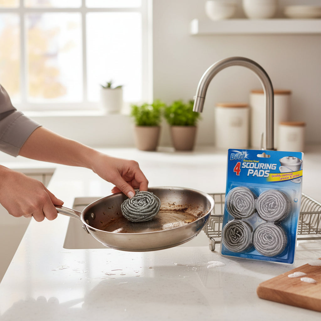 Duzzit 4 Pack Stainless Steel Scouring Pads Heavy Duty Scrubbing for Kitchen and Bathroom