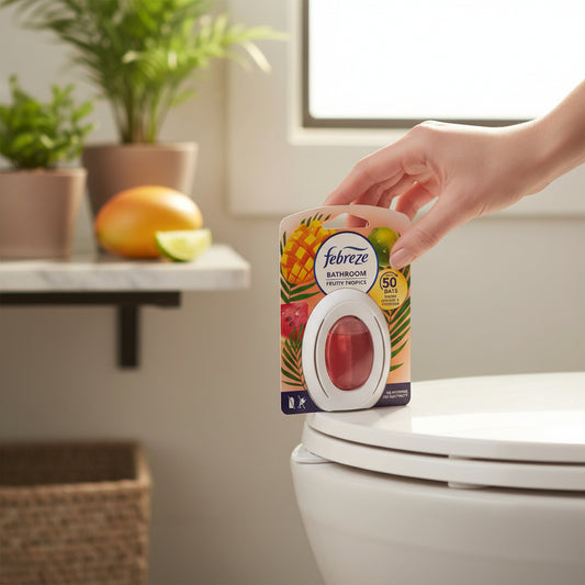 Febreze Bathroom Air Freshener Fruity Tropics Odor Control Spray Lasts 50 Days Push Button No Battery Needed