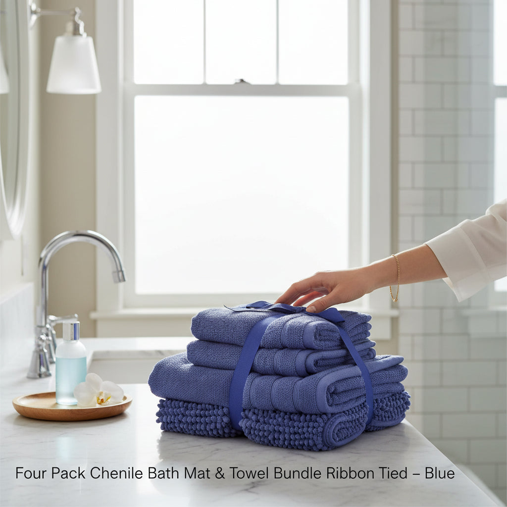 Four Pack Chenille Bath Mat & Towel Bundle Ribbon Tied - Blue