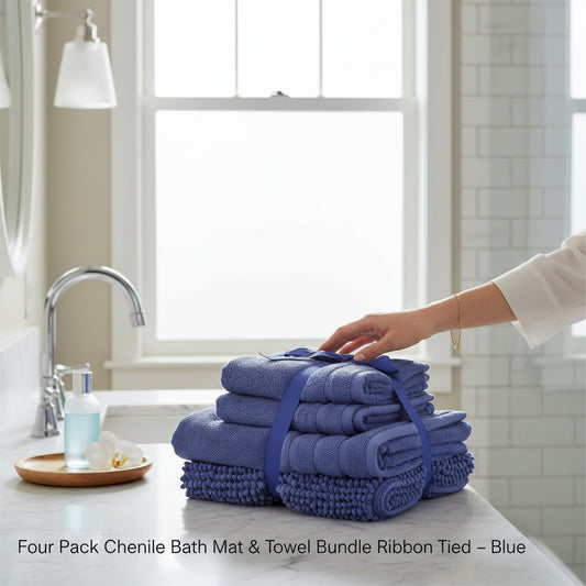 Four Pack Chenille Bath Mat & Towel Bundle Ribbon Tied - Blue