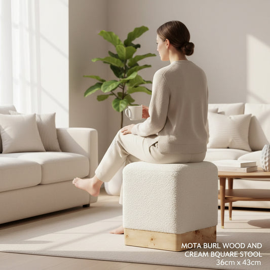 Mota Burl Wood And Cream Boucle Sqaure Stool 36cm x 43cm