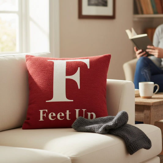 Words 'Feet Up' Red Cushion H45 x D14 x W45