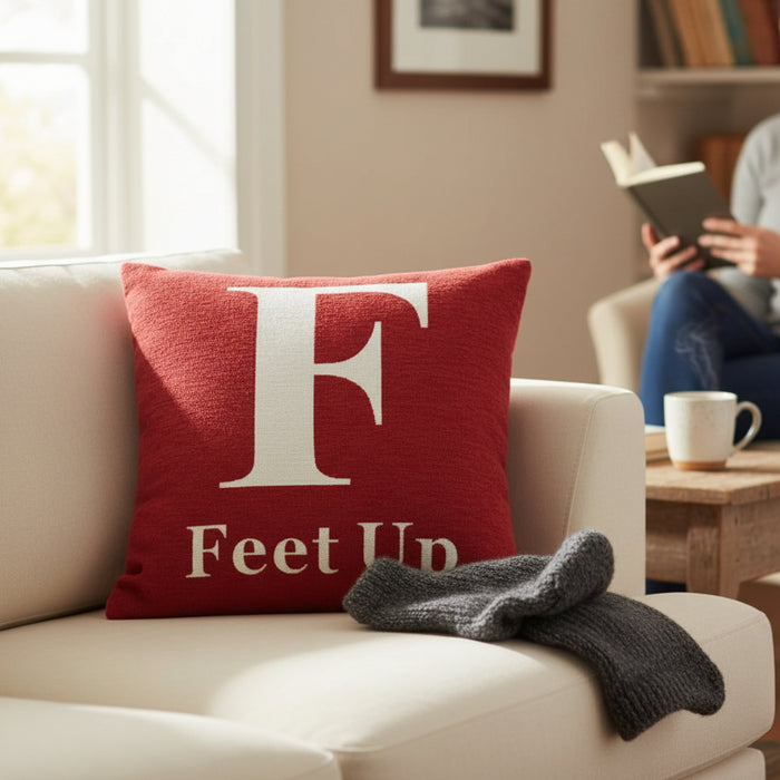 Words 'Feet Up' Red Cushion H45 x D14 x W45