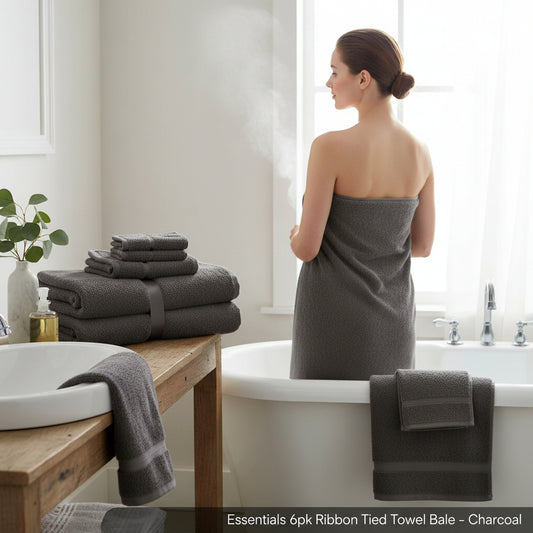 Essentials 6pk Ribbon Tied Towel Bale - Charcoal