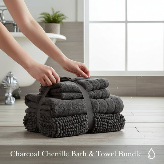 Four Pack Chenille Bath Mat & Towel Bundle Ribbon Tied -Charcoal