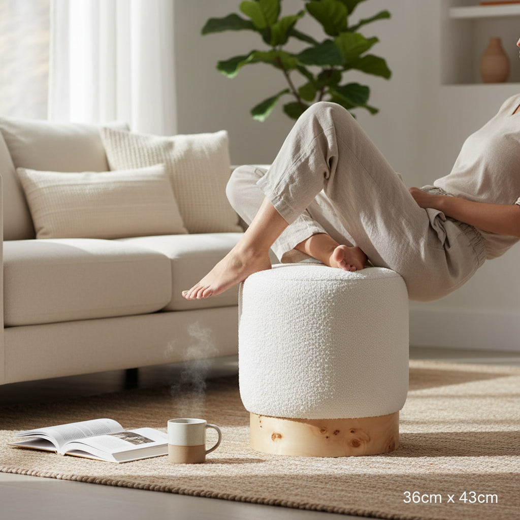 Mota Burl Wood And Cream Boucle Round Stool 36cm x 43cm