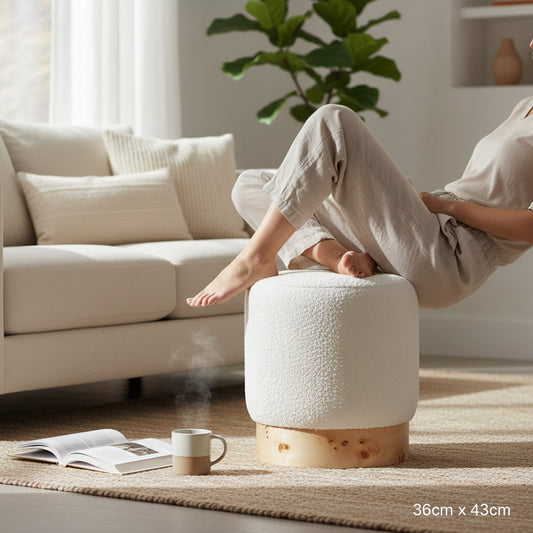 Mota Burl Wood And Cream Boucle Round Stool 36cm x 43cm