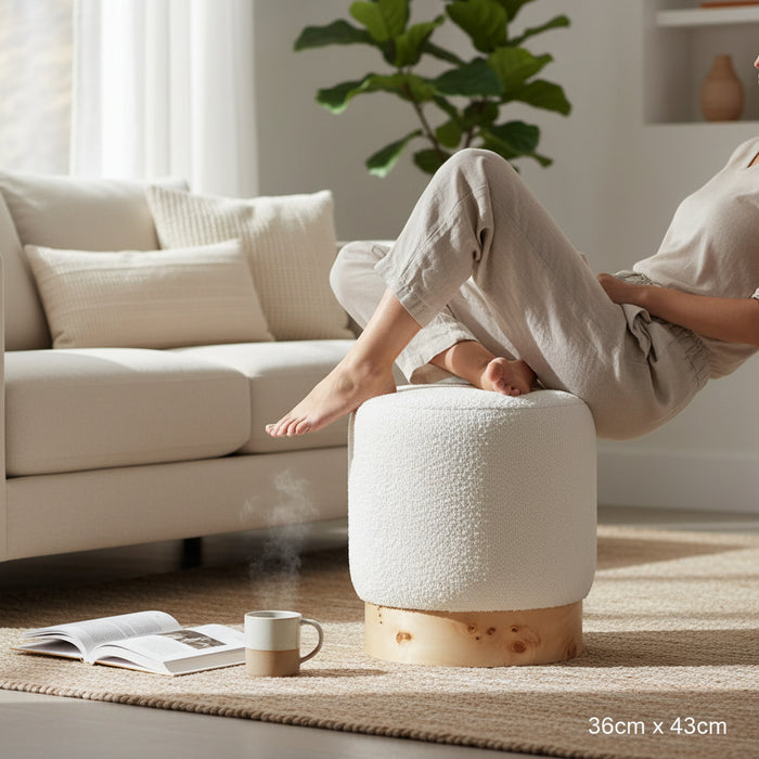 Mota Burl Wood And Cream Boucle Round Stool 36cm x 43cm