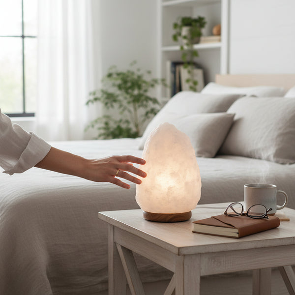 Nepal White Natural Salt Lamp On Wood Base With Warm Relaxing Glow