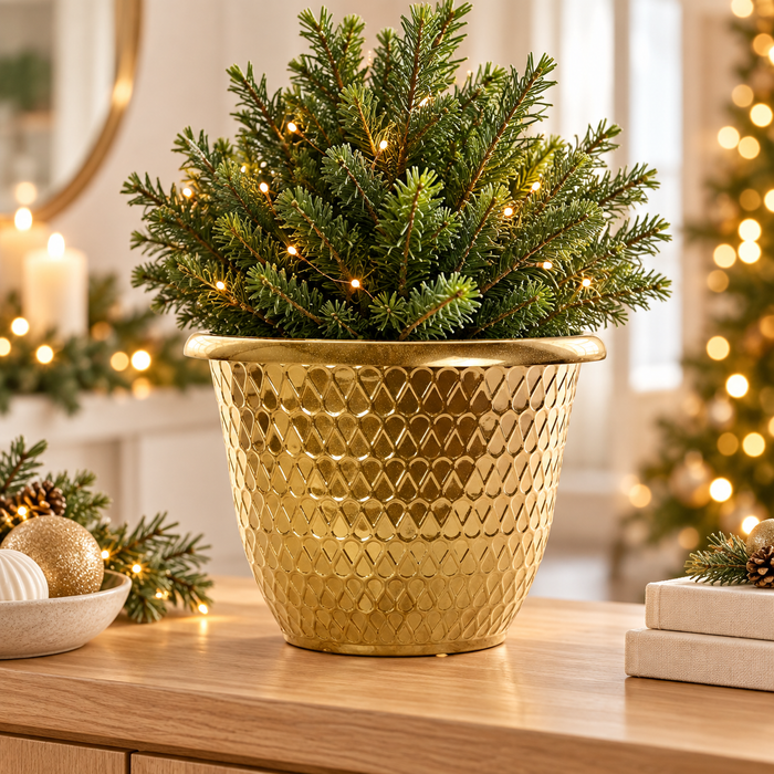 Gold Minerva planter in a warm festive home setting