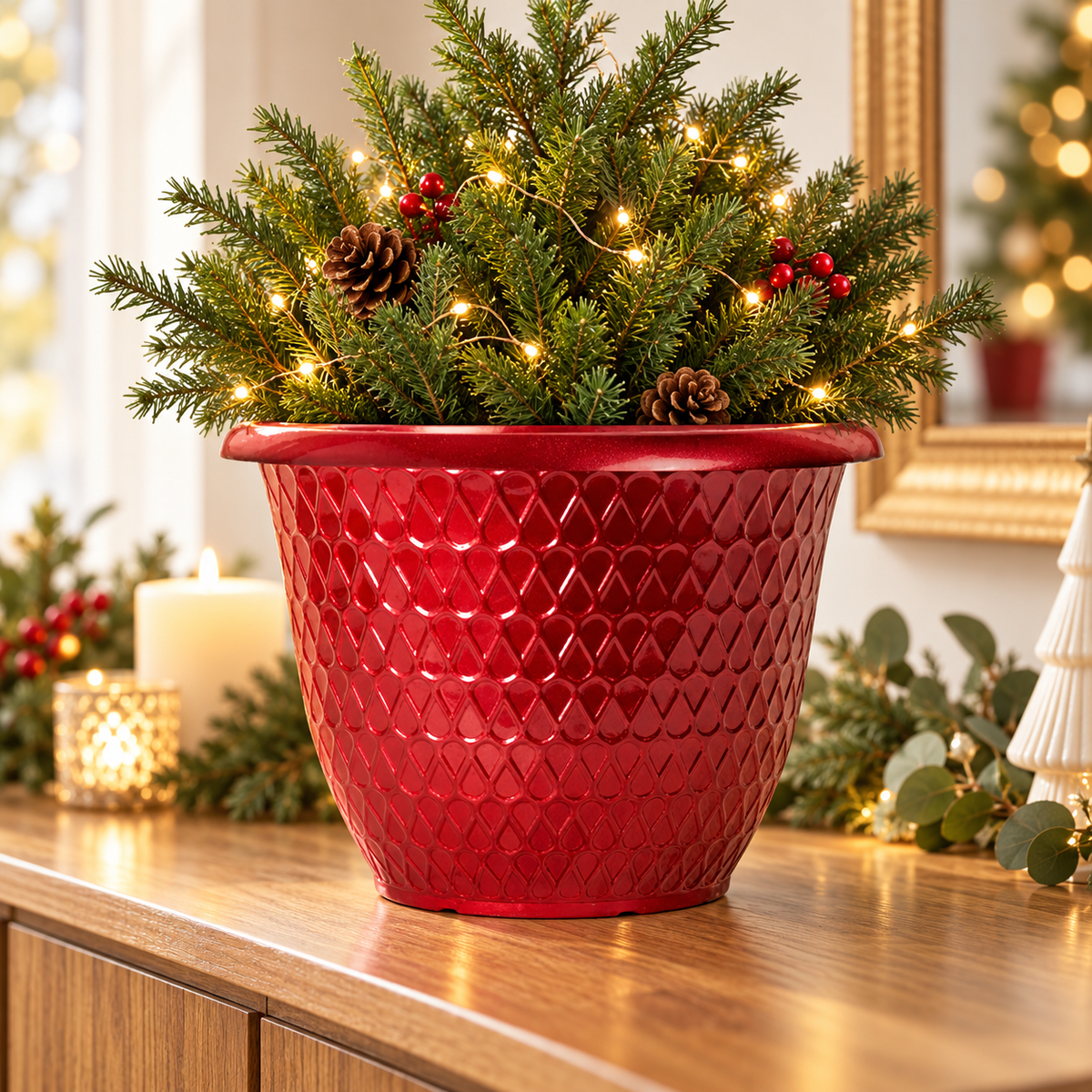 Red Minerva planter in a warm festive home setting