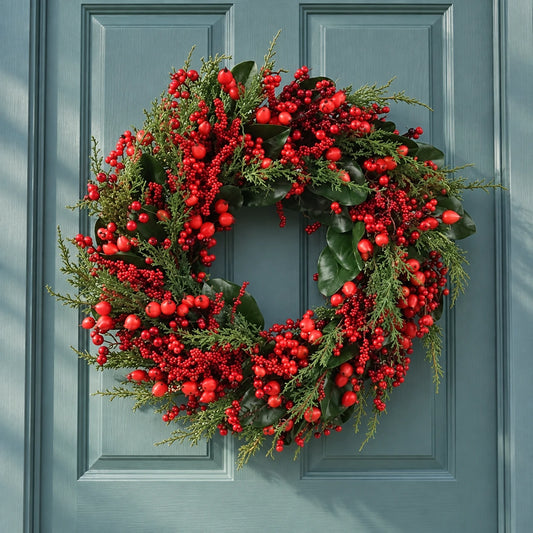 Large Red Berry Christmas Wreath – 60cm – full product in a festive home setting
