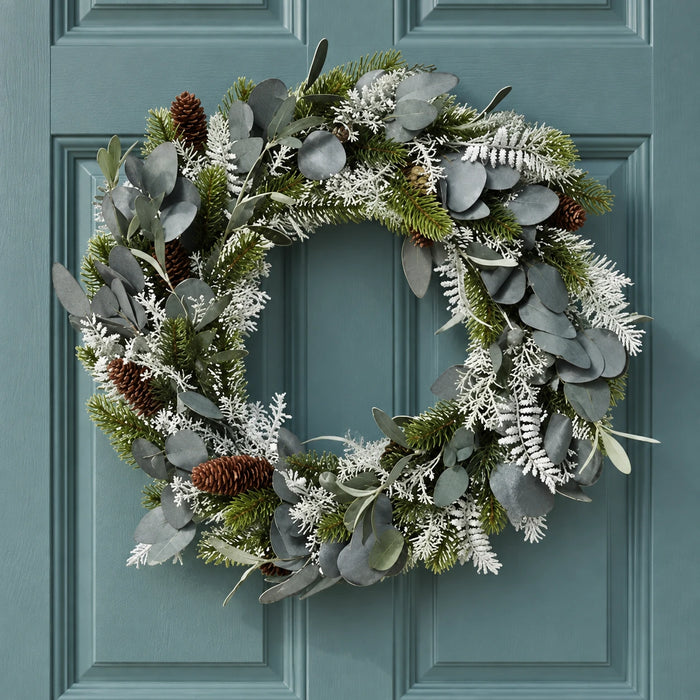 Silver Leaf & Pinecone Christmas Wreath – 40cm – full product in a festive home setting
