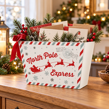 White North Pole Express planter styled in a festive home