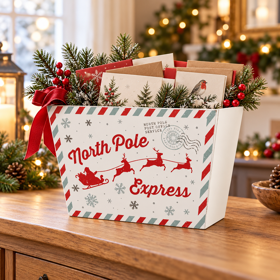 White North Pole Express planter styled in a festive home