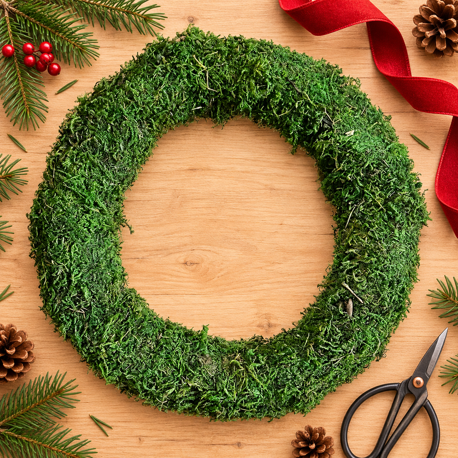 12-inch padded moss wreath ring on a Christmas craft table