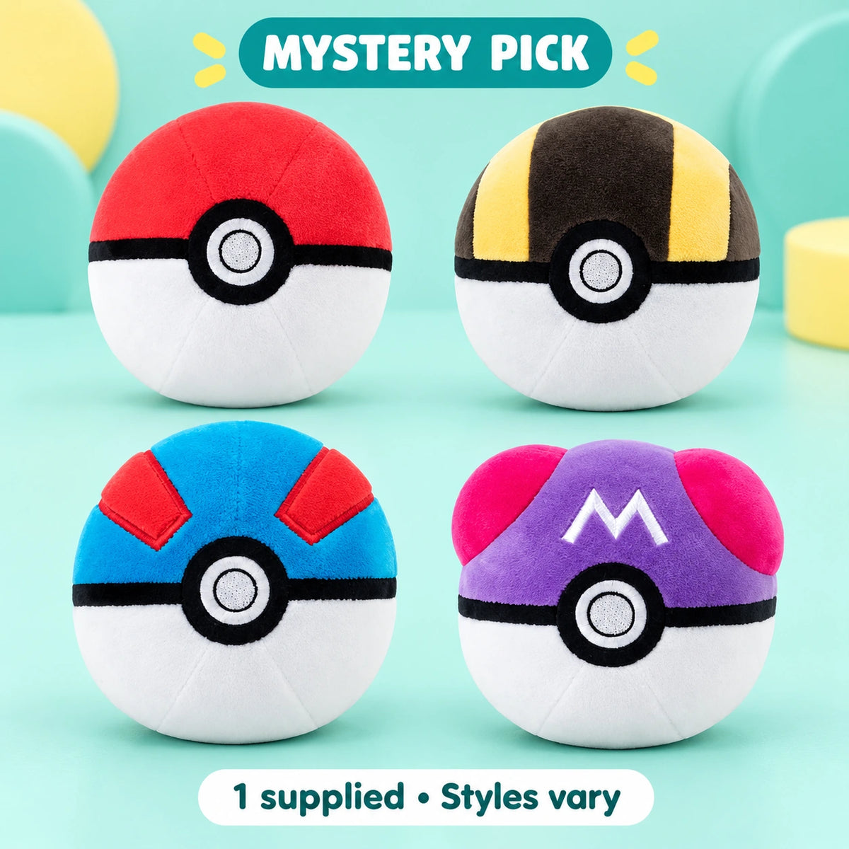 Pokemon - 5in Poke Ball Plush Assortment shown in full on a pale teal studio background