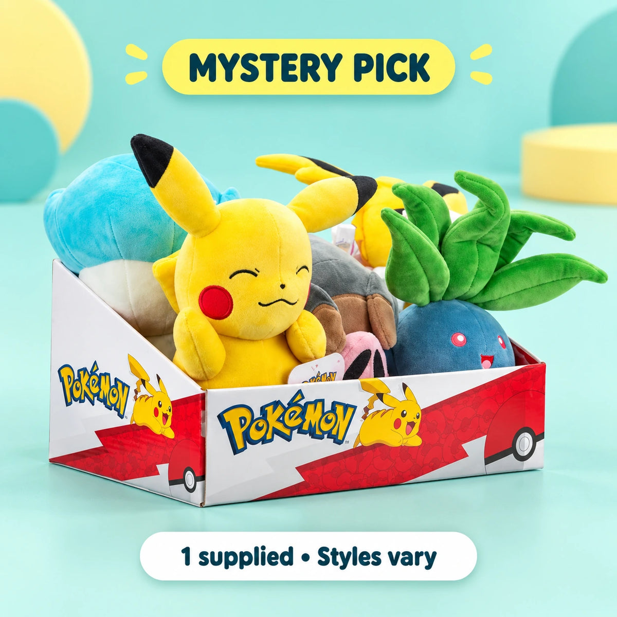 Pokemon 8in Plush Asst shown in full on a pale teal studio background