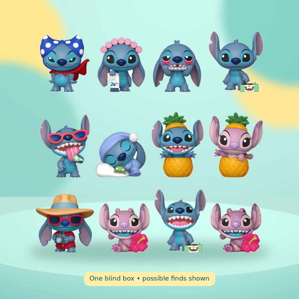 Pop! Mystery Minis - Stitch - Mystery Pick on a playful mint studio display — One blind box • possible finds shown