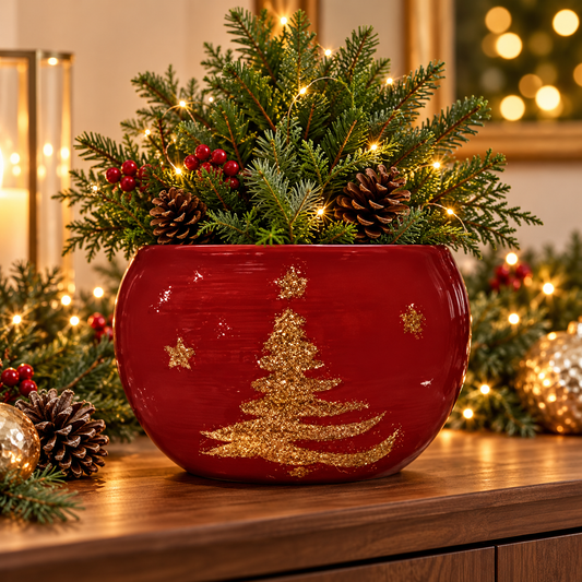 Red ceramic Christmas planter with gold tree and festive greenery
