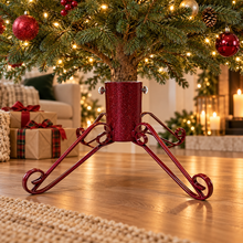 Red sparkle traditional 5-inch Christmas tree stand supporting a real tree